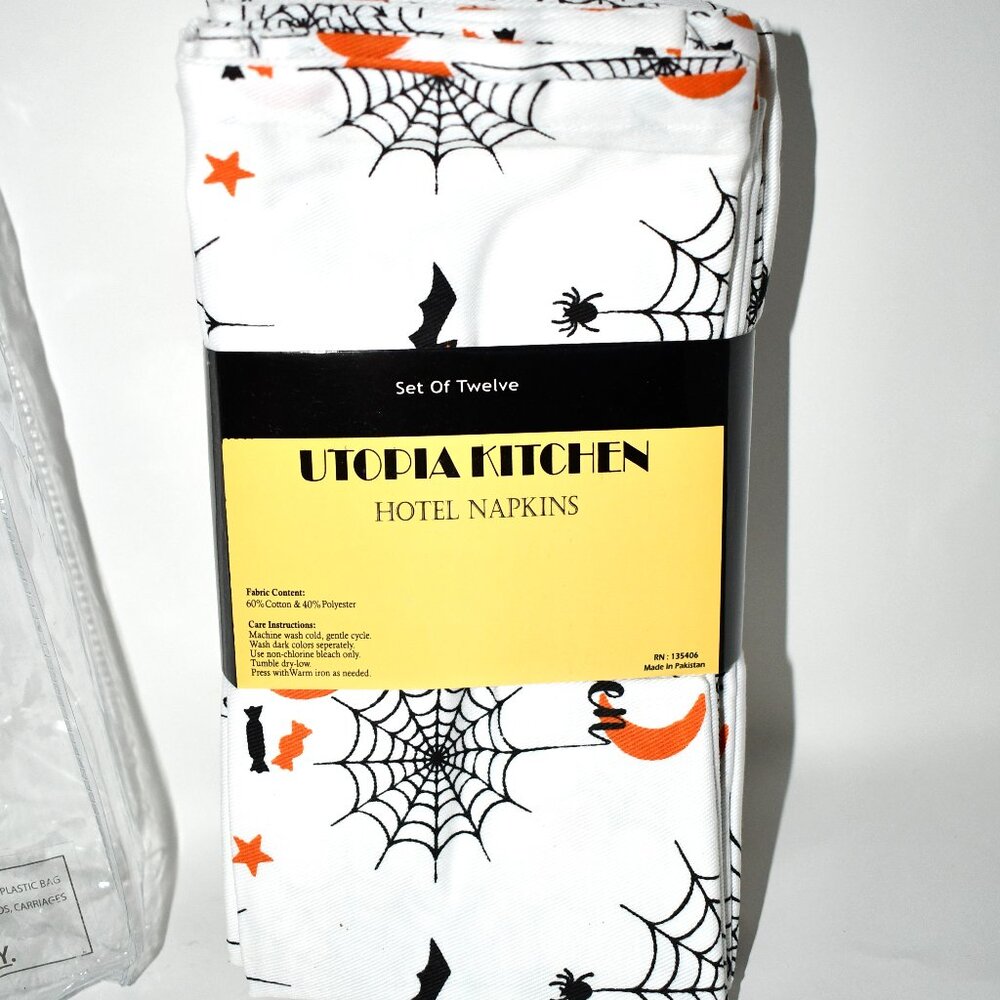 Utopia Kitchen Halloween White Cloth Napkins – 12 Pack – 18 x 18 in – Cotton Ble